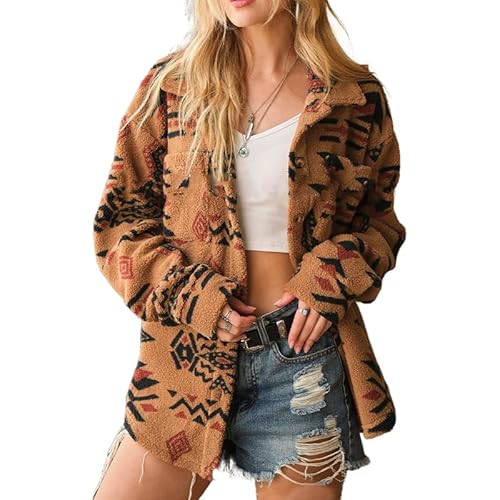 RICOCHO Womens Aztec Western Fleece Jacket Women's Winter Aztec Fuzzy Sherpa Jackets Lightweight Fuzzy Sherpa Coat