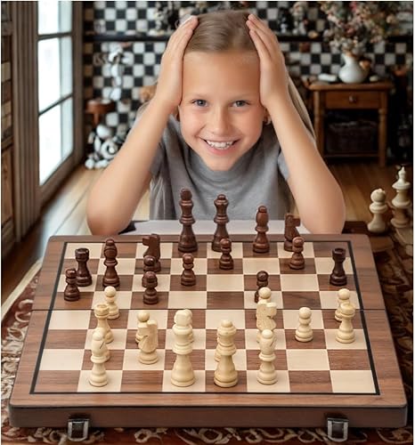 Miniatura 7 de BURHAN Juego de ajedrez magnético y damas (2 en 1) acabado de nogal premium de 15 pulgadas  Diseño plegable y tienda  Juego de viaje hecho a mano