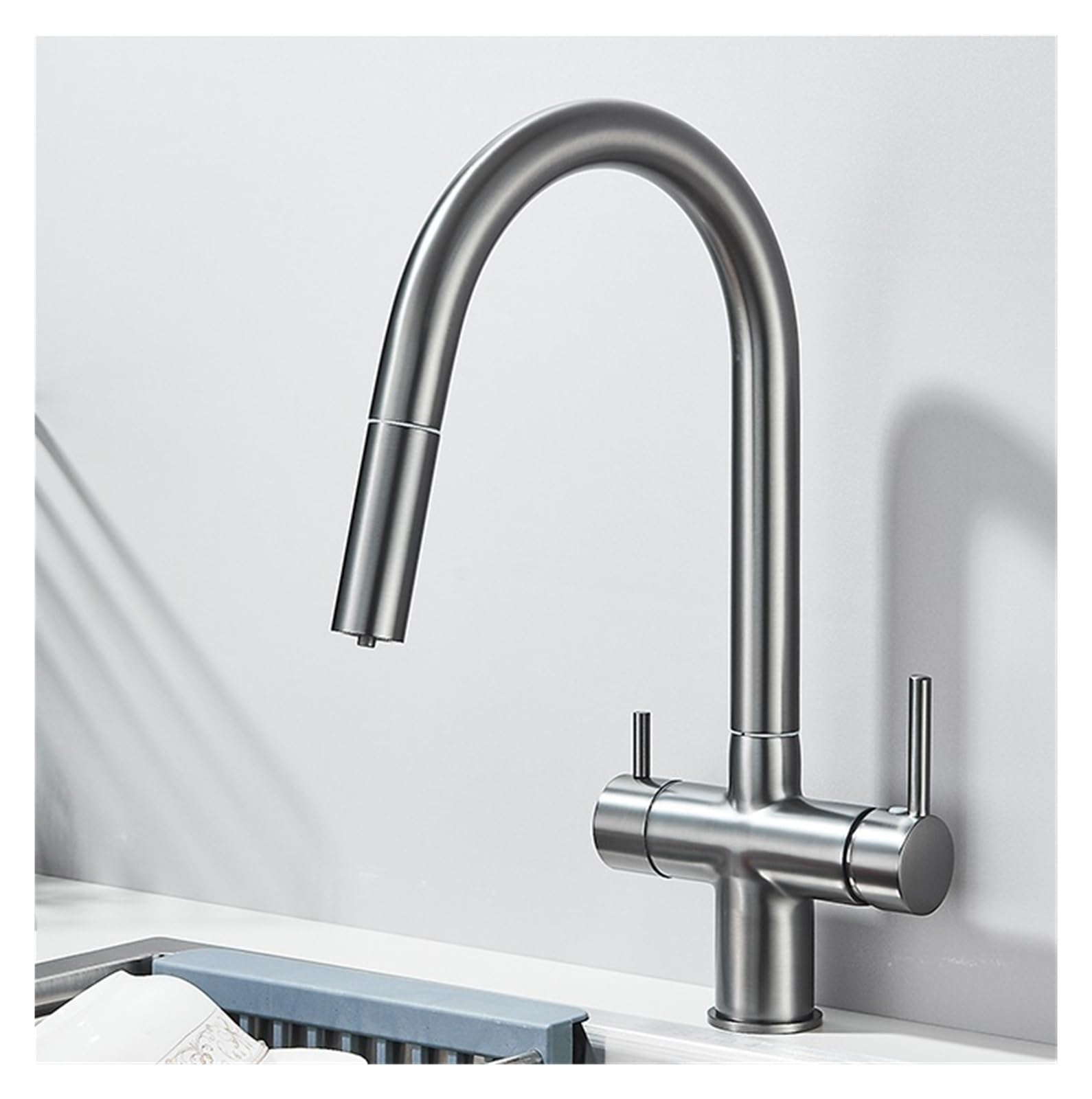 Robinet de cuisine gris double poignée mitigeur évier bec long orientable 360
