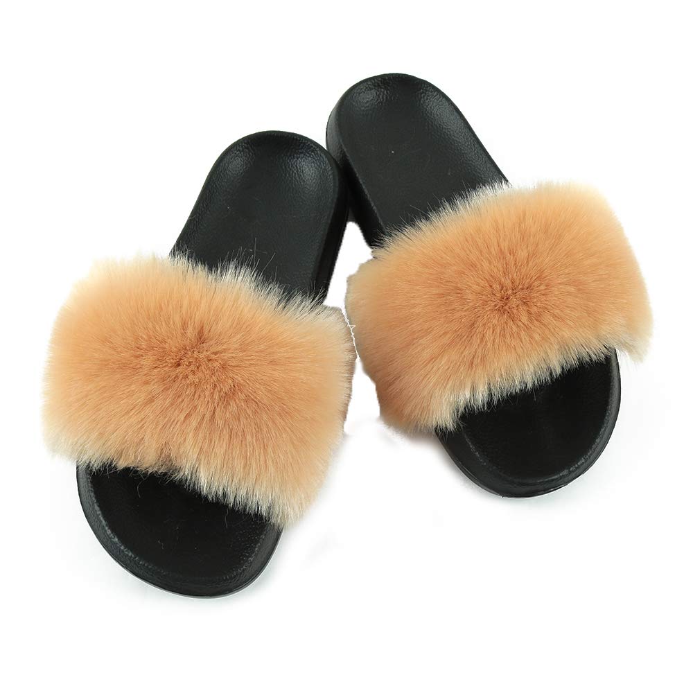 Hiser Women Fluffy Faux Fur Slipper Sliders, Ladies Furry Open Toe House Slippers, Cozy Comfy Non Slip Sliders for Walking Indoor Outdoor (Khaki,UK6.5-7/270)