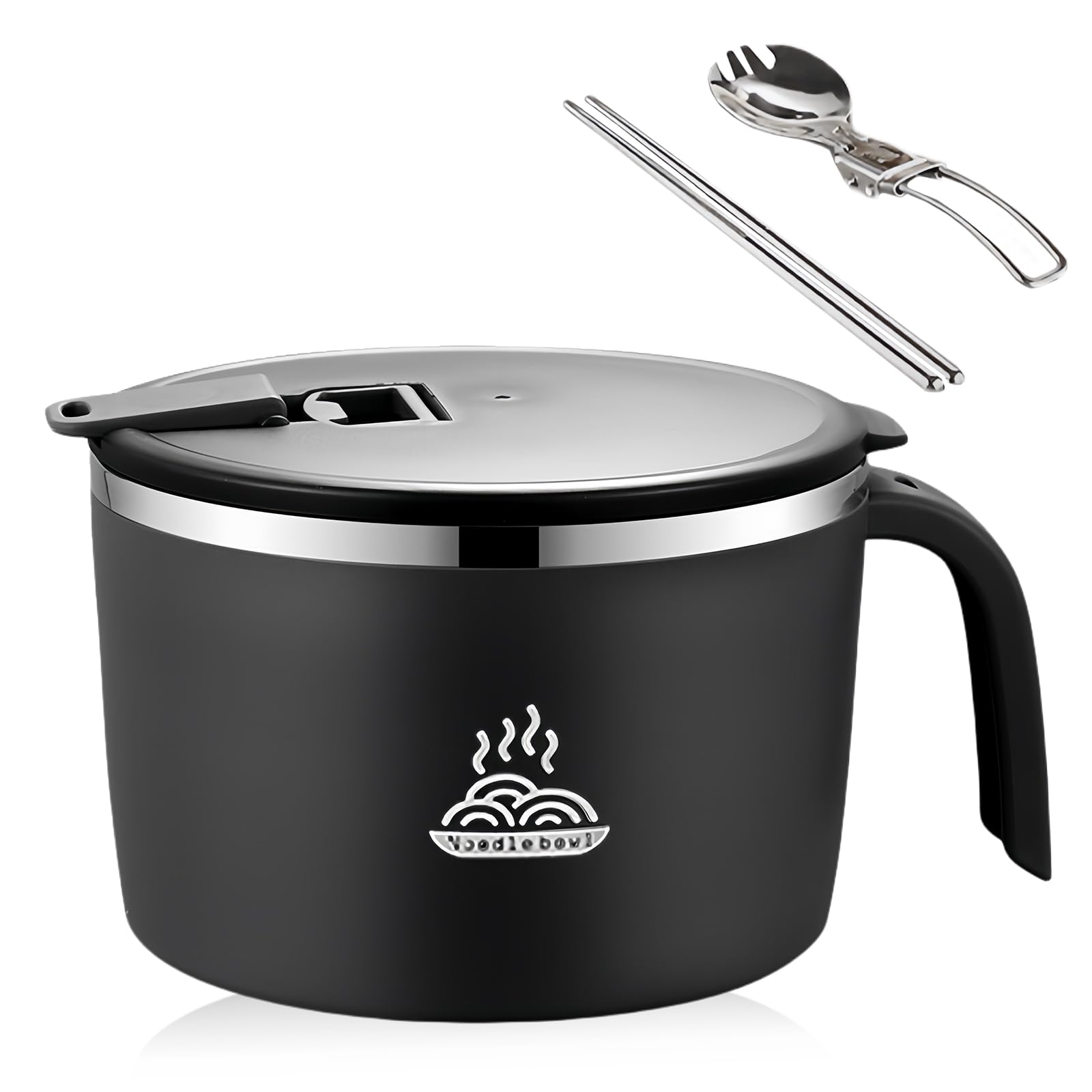 MEYAGOT Bol à ramen avec couvercle, 1300 ml, en acier inoxydable, avec poignée en bois, support de téléphone, cuillère pliante, baguettes, bol à nouilles instantanées, bol à soupe japonais