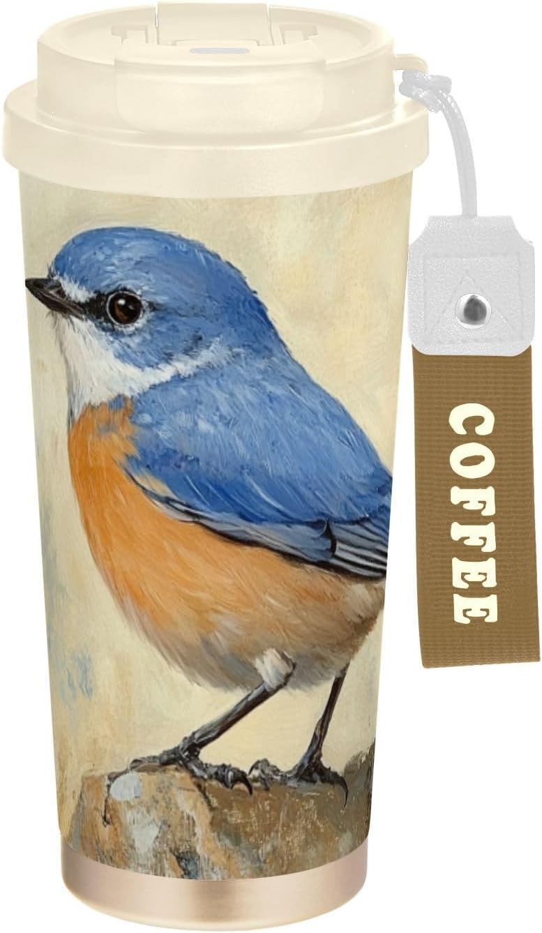 Bird Rock Vintage Insulated Coffee Mug with Straw & Flip Lid, 16.9oz Iced Tumbler Cup, Double Wall Vacuum Mug for Travel Office