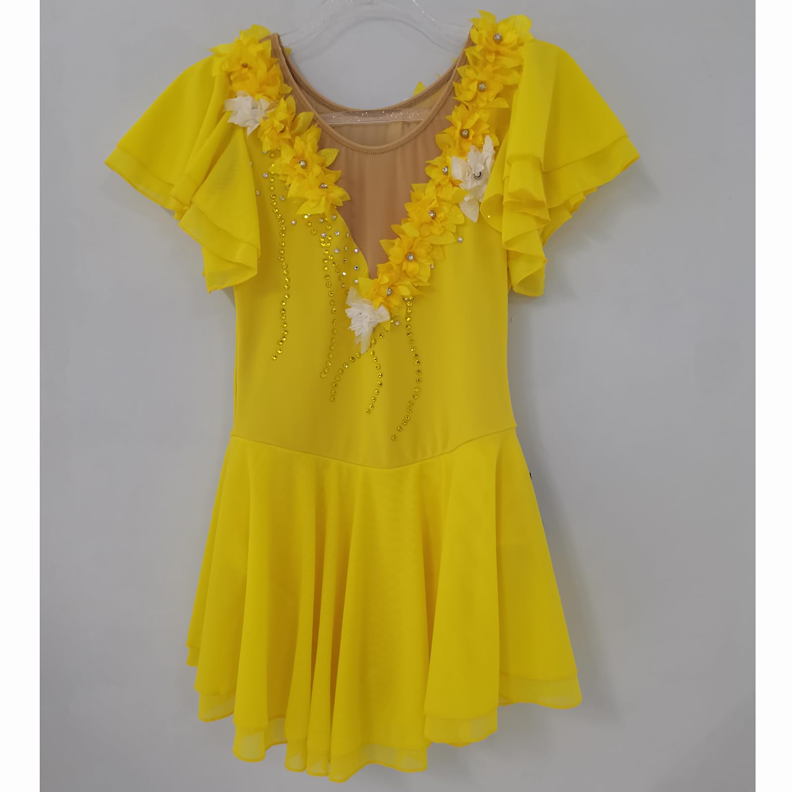 LIUHUO Robe de patinage artistique à manches courtes en dentelle jaune pour filles et femmes
