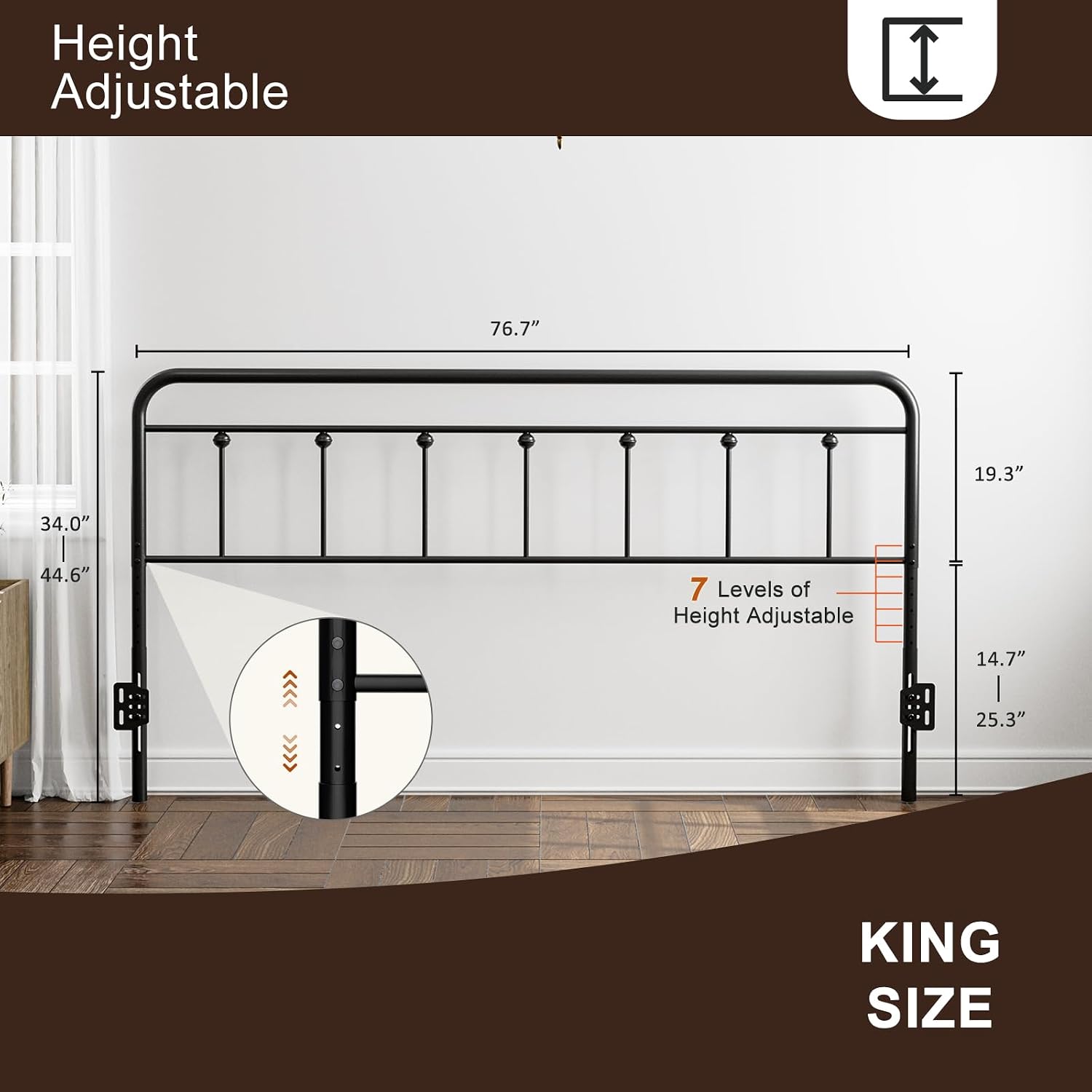 IKIFLY Metal King Size Headboard, Adjustable Height, Farmhouse Victorian Style, Easy Assembly, Steel Headboard Only for Bedroom, Black