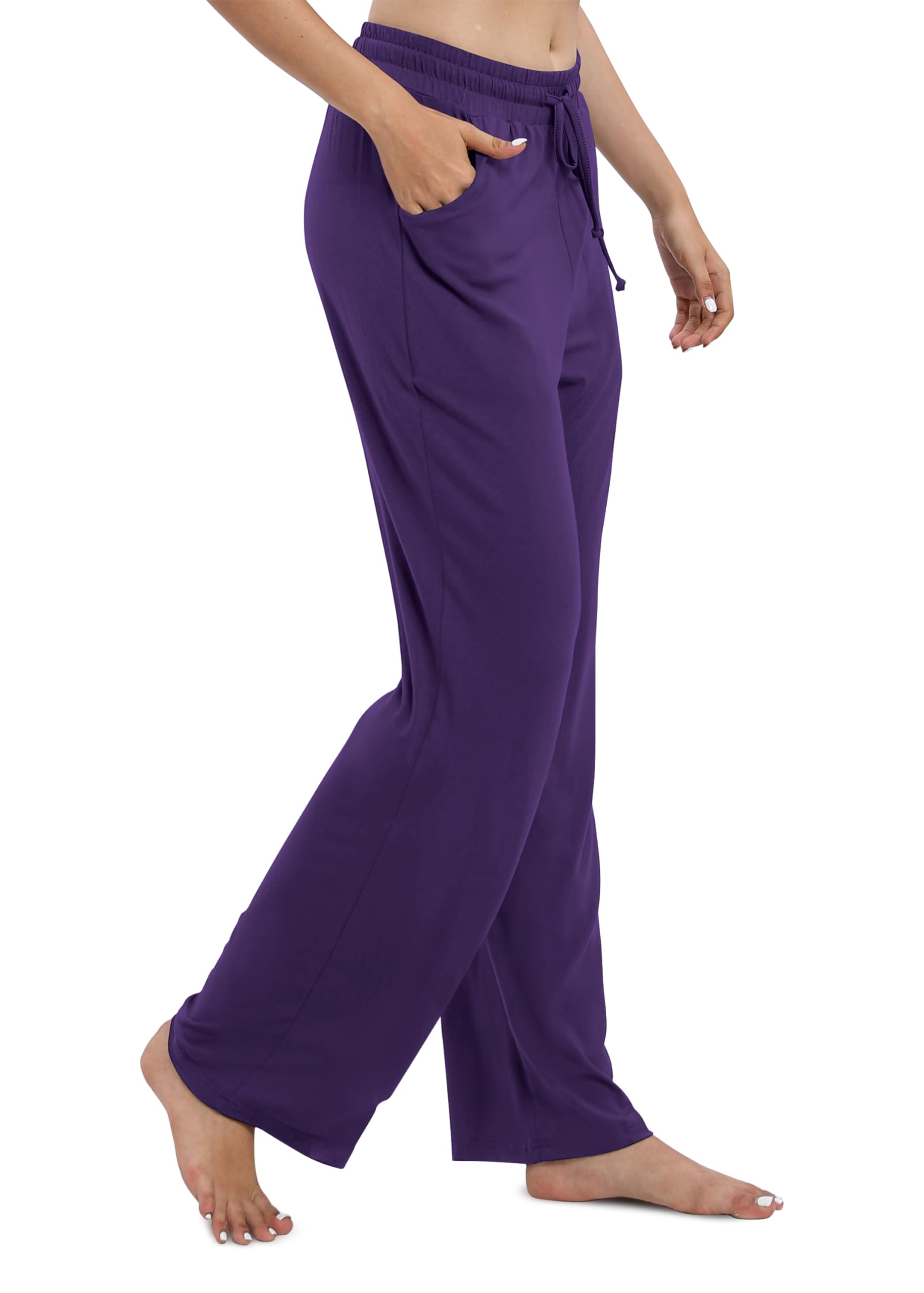 EXCHIC Mujeres Casual Piernas Rectas Largo Pantalones de Cuerda Cintura Elástica Yoga Pantalones con Bolsillo