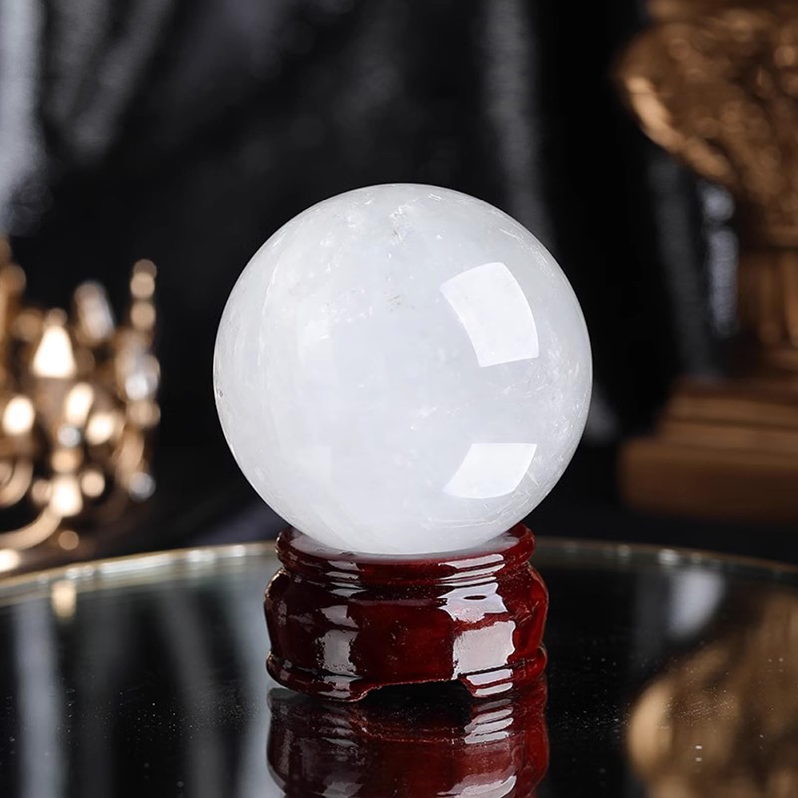 Biała kula z kryształu kalcytowego, naturalna kula kwarcowa z drewnianą podstawą do medytacji, dekoracyjna kryształowa kula Feng Shui do biura domowego i równoważenia czakr,9cm