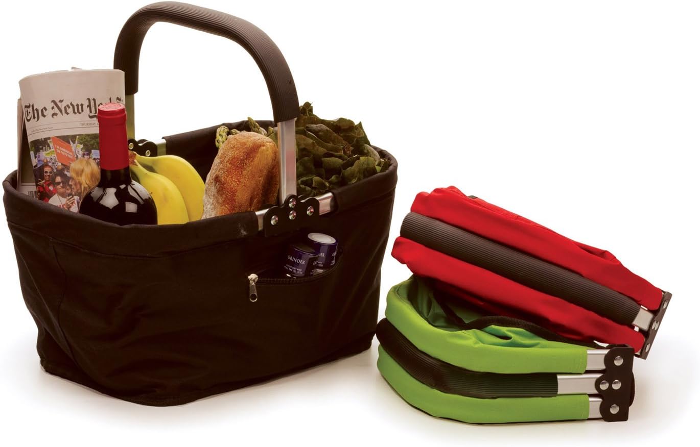 RSVP International Collapsible Market Basket Aluminum Frame, Large Zip Side Pocket, 17x11x18", Black
