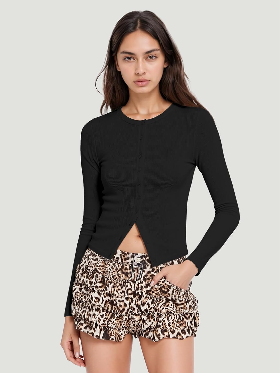 Ribbed Button Down Cardigan for Women, Long Sleeve Button Up Fall Knit Going Out Cropped Tops - Image 5