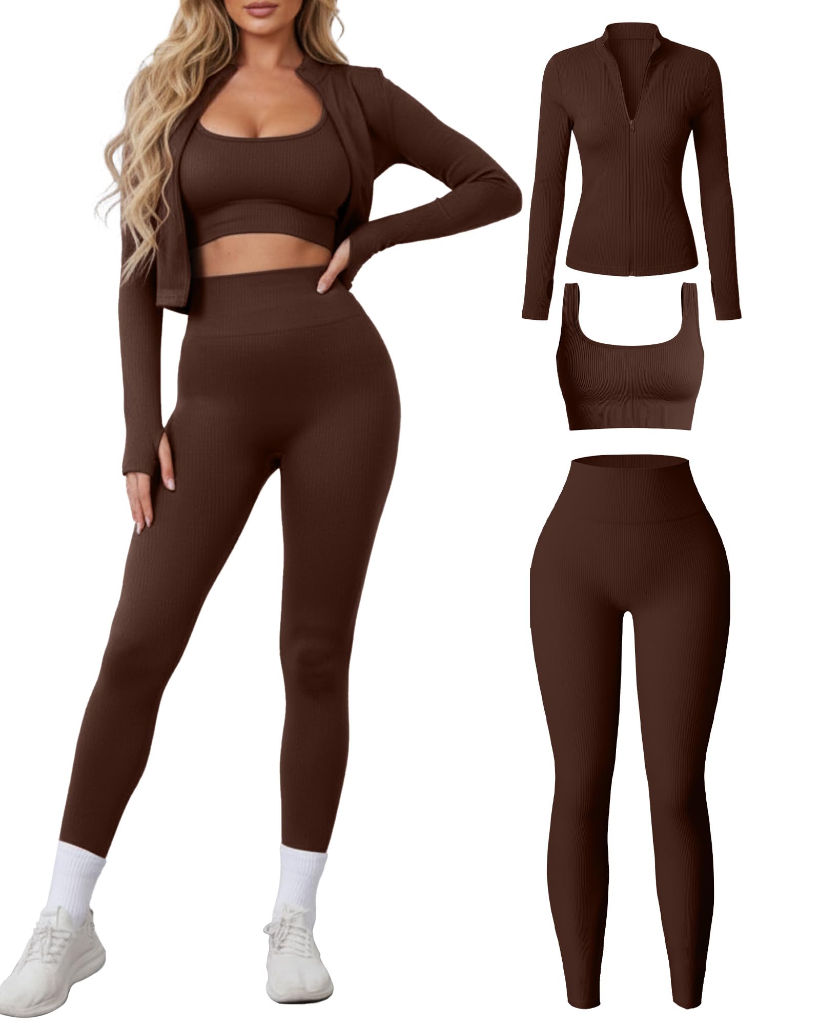 Women 3 Piece Seamless Workout Set Sports Bra High Waisted Gym Yoga Leggings Zip Up Jacket with Thumbhole