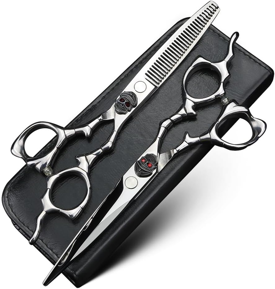 Hair Cutting Shears Kit, 6 Inch Skull Unique Handle Hair Steel Cutting and Thinning Set,.
