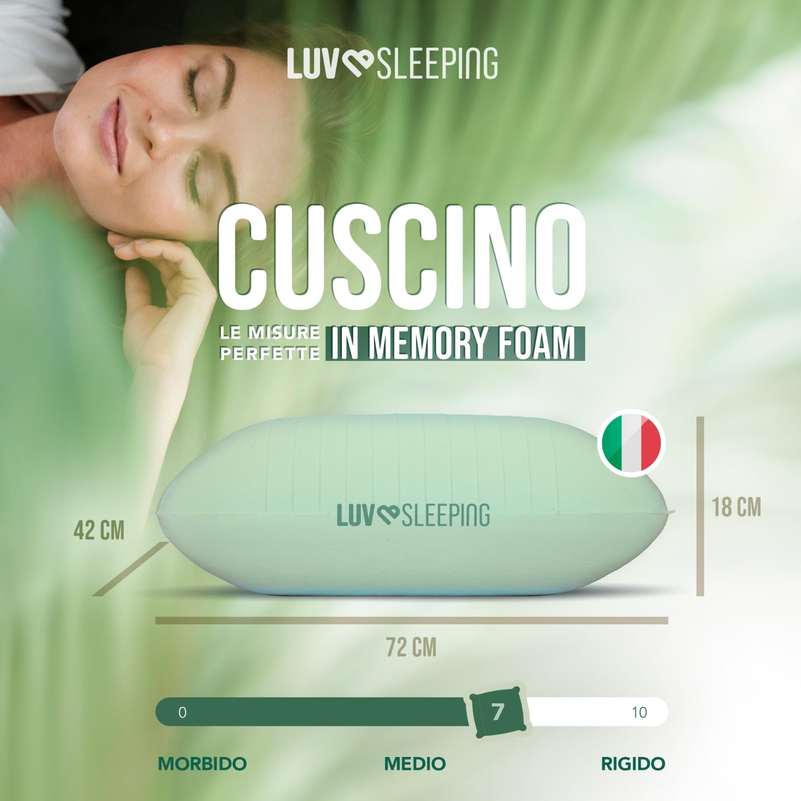 LUVSLEEPING - Cuscino Alto 18 cm in Memory Foam ad ALTA DENSITÀ Antirussamento e Antireflusso con Aloe Vera e federa in Bambù Lavabile | 100% Made in Italy