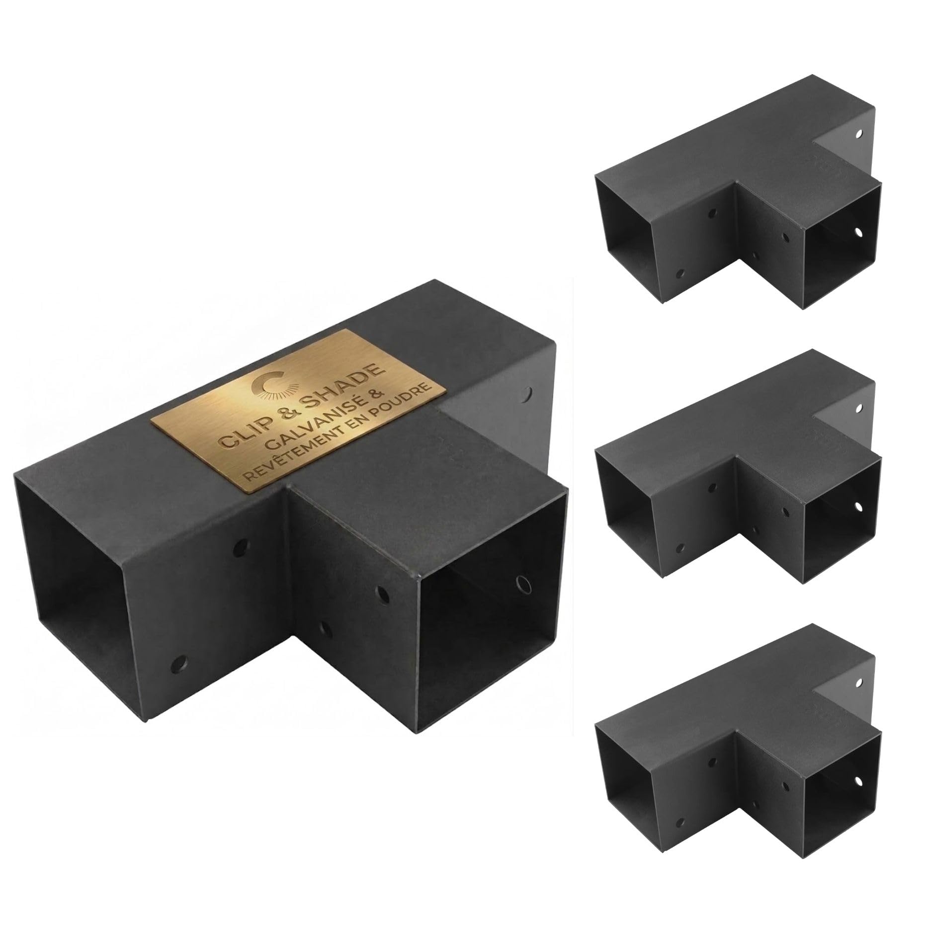 CLIP & SHADE Lot de 4 connecteurs de poteau bois 70x70 mm en T 3 voies | Support de poteau 7x7 cm galvanisé et thermolaqué | pour pergola, carport, terrasse