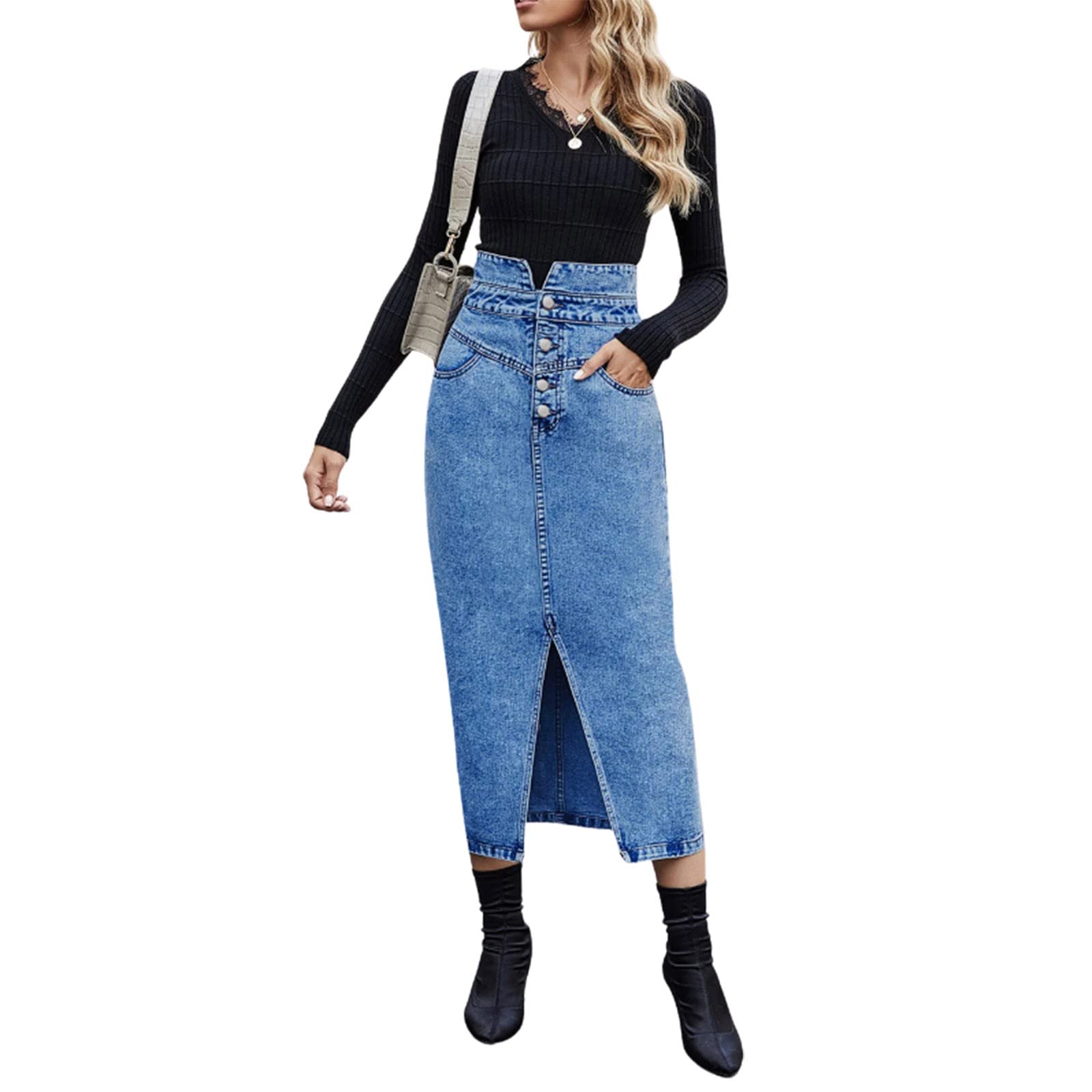 utcoco Women's Midi Jean Skirt High Waisted Slit Hem Slim Fit