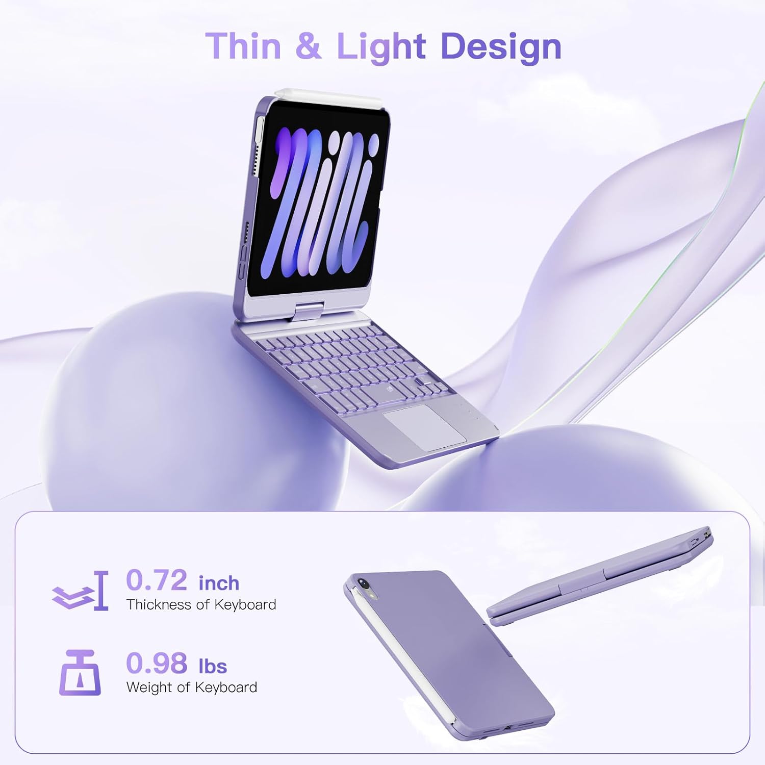 Keyboard Case for iPad mini 7 (2024) & Mini 6 (2021), 360° Rotate Case for iPad mini 7th/6th Generation, 7 Colors Backlit Keyboard Cover with Trackpad, Auto Sleep/Wake, Purple