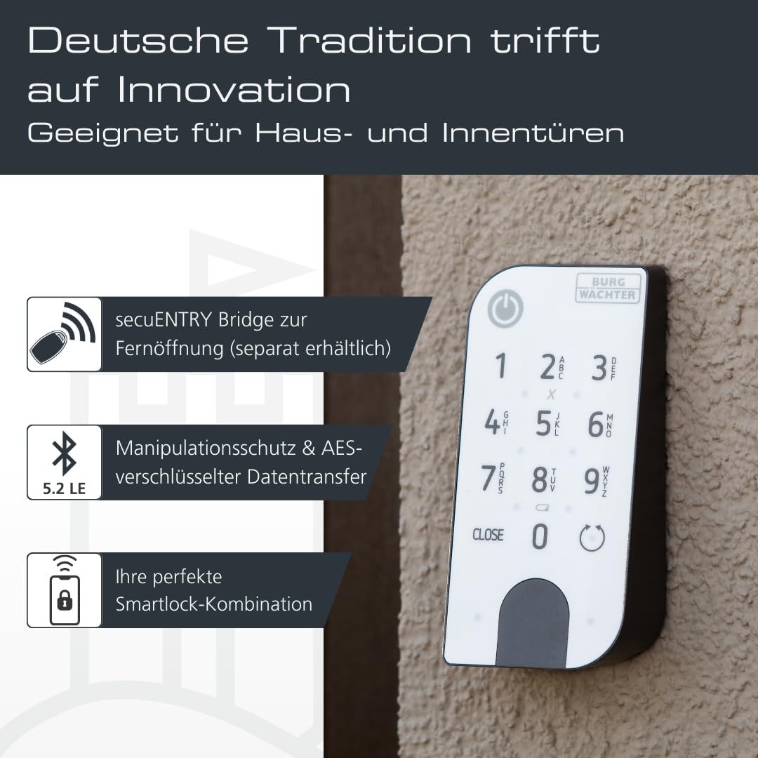 BURG-WÄCHTER Elektronisches Türschloss secuENTRY für Haustüren, Bedienung mit Zahlencode, App oder Funkschlüssel, Inkl. Zylinder, ENTRY Home 5001 PIN, Schwarz/Weiß