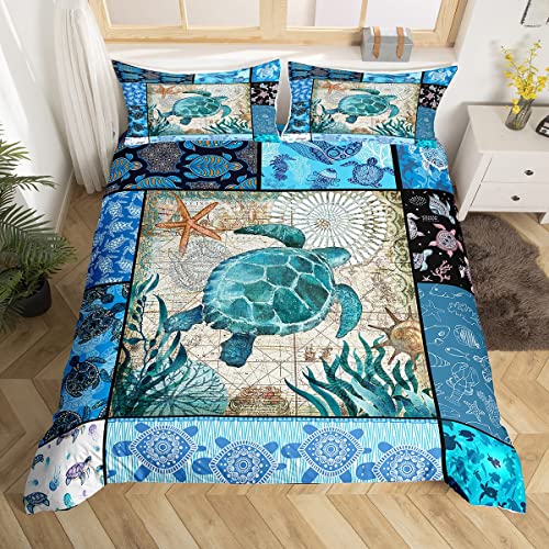 Loussiesd Sea Turtle Bedding Set Blue Boho Tortoise Comforter Cover Set for Kids Women Men Ocean Marine Turtle Duvet Cover Teal Bohemian Bedspread Cover 3Pcs Super King Size