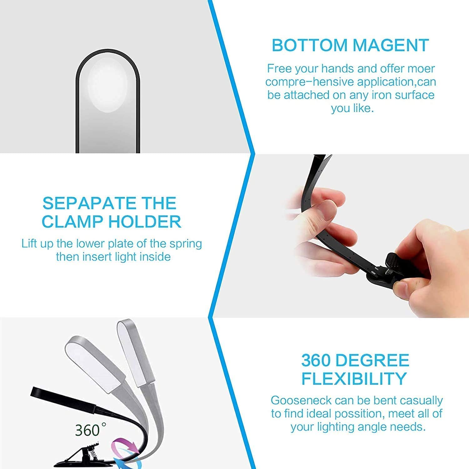 Luce Notturna Lampada da scrivania Nera, Luce da Lettura a LED Ricaricabile Tramite USB con sensore tattile, Clip Flessibile sulla Luce del Libro per la Lettura a Letto Luce di Lettura