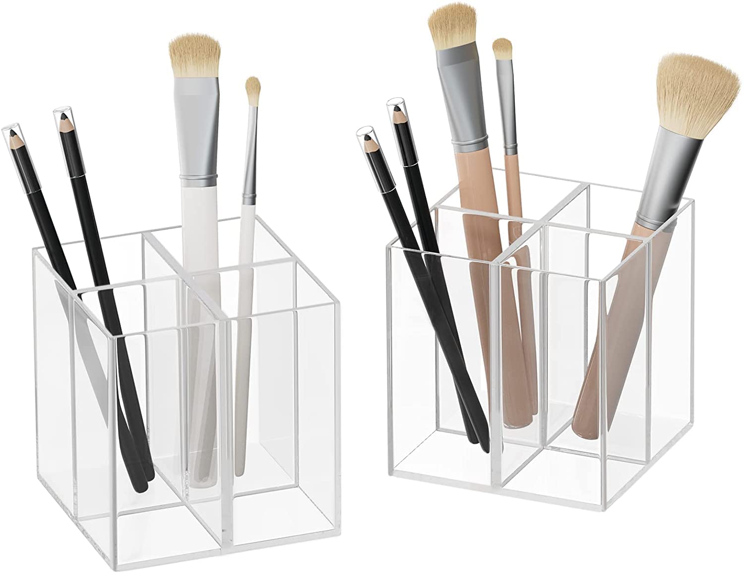 FANASSYY Clear Acrylic 4-Slot Makeup Brush Holder Organizer – Versatile Cosmetics, Eyeliner, and Pencil Storage Stand for Bathroom or Vanity Countertop (Pack of 2)