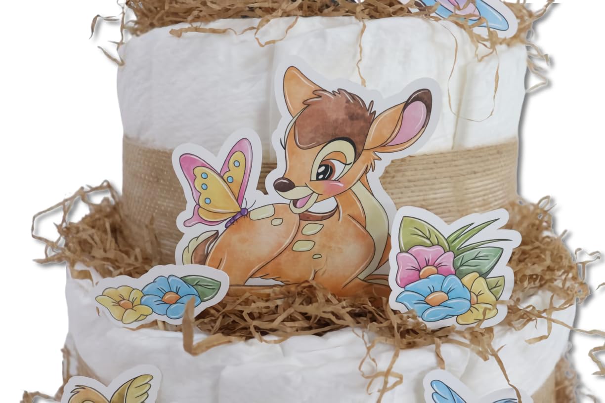 Tarta de pañales 3 pisos modelo BAMBI Y TAMBOR - Regalos para recién nacido - baby shower - TARTAS DE PAÑALES Y MÁS
