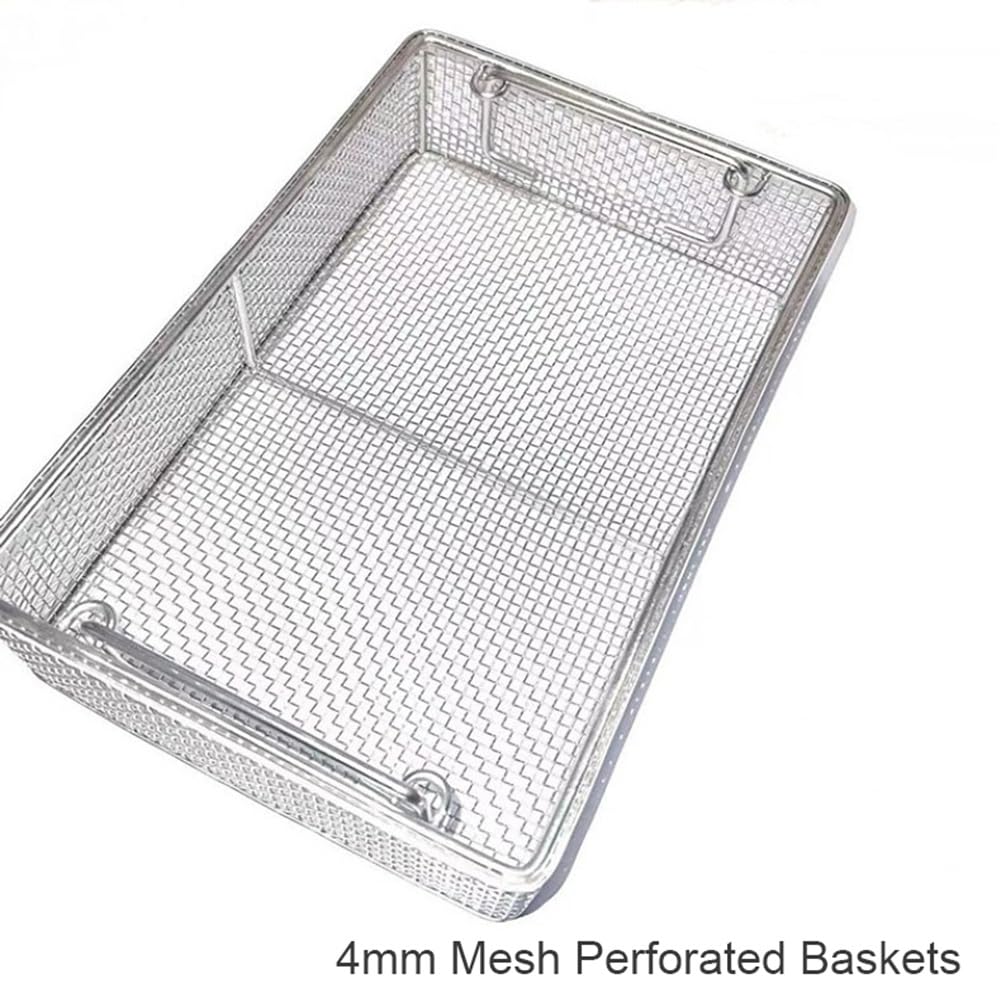 Cesta de esterilización de acero inoxidable, bandeja de instrumentos reutilizable con mango retráctil, ideal para instrumentos médicos, 40 x 20 x 7 cm