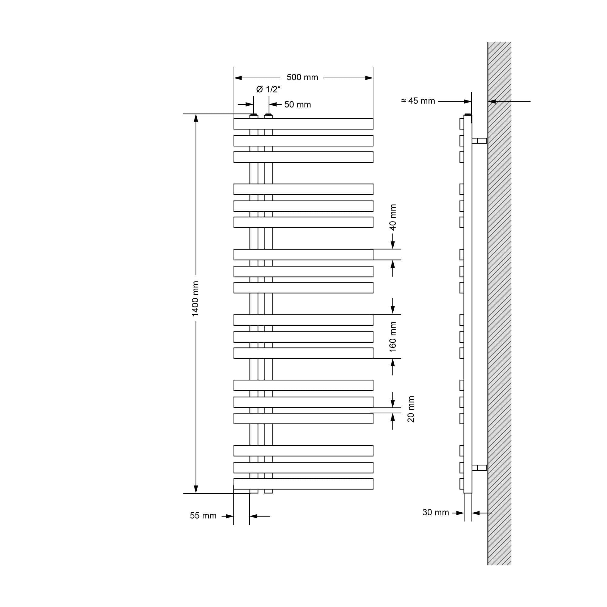 LuxeBath Radiador Eléctrico Iron EM 500 x 1400 mm Blanco, Estufa Toallera Vertical con Elemento Calefactor 1200W Termostato de Pantalla Digital, Calentador de Pared de Diseño Moderno para Baño