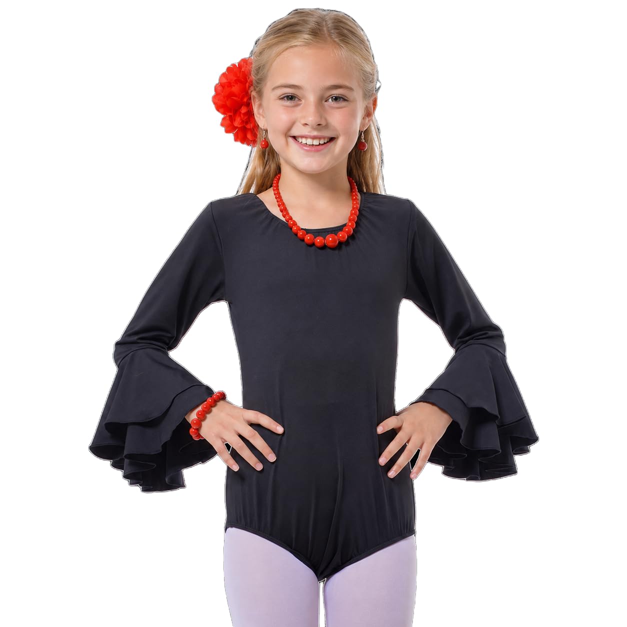 Carnavalife Body flamenco niña negro maillot danza manga larga con volante leotardo ballet gimnasia escote redondo