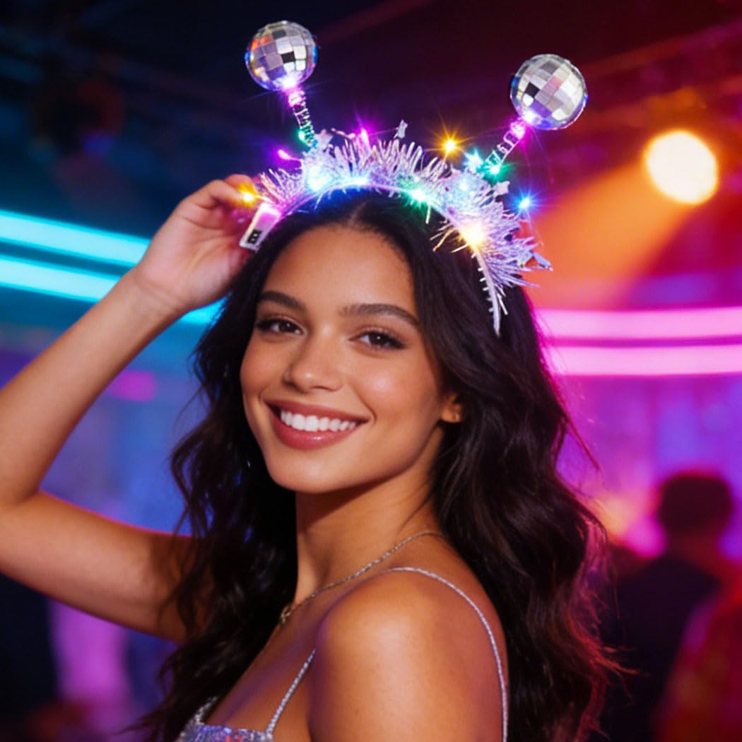 DRESBE Light Up Disco Ball Headband Silver LED Alien Headbands Glow Party Hair Accessories for Women - Image 5