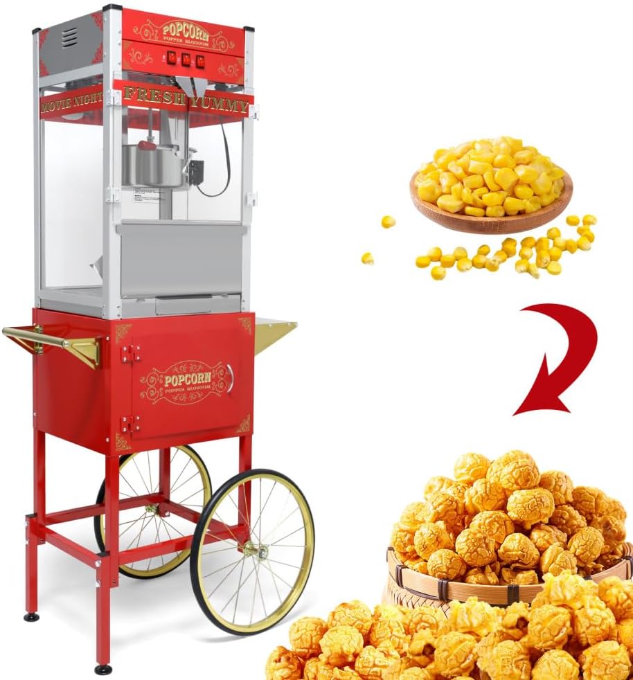 Popcorn Machine with Cart, Antique Style Design with Modern Features, Includes Bicycle Wheels and Storage Cabinet, Ideal for Home Theaters, Businesses, School Events, and Parties