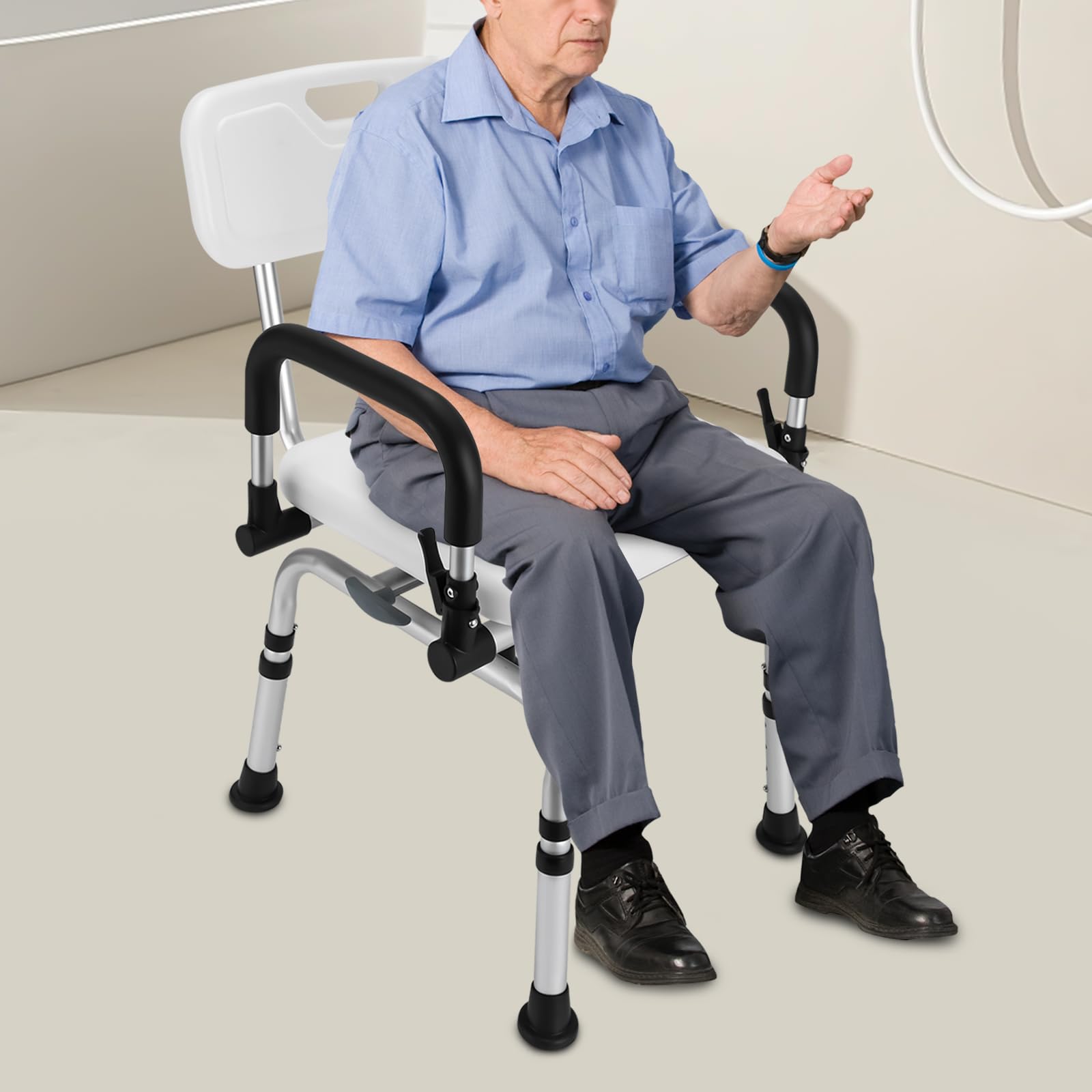 Silla de ducha giratoria de 360 grados, especialmente para personas mayores, altura regulable con respaldo y reposabrazos plegables, capacidad de carga de hasta 180 kg, antideslizante, ideal para