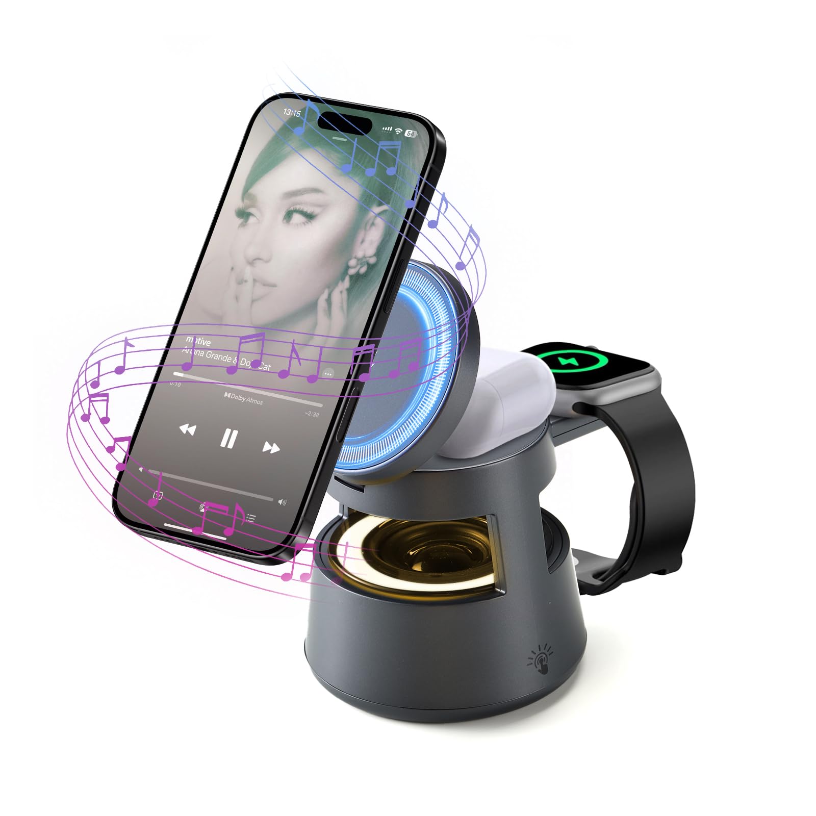 KozyOne Bezprzewodowa stacja ładująca 5 w 1 z głośnikiem Bluetooth, magnetyczna szybka ładowarka, lampka nocna, stacja dokująca do ładowania kompatybilna z iPhone 17/16/15/14/13/12, Apple Watch