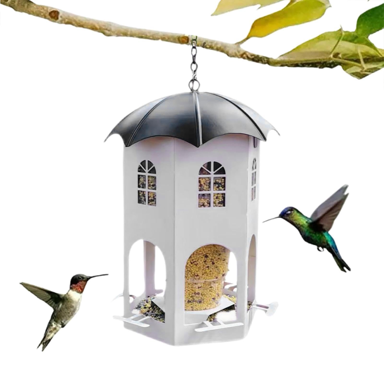 Comederos para pájaros para exteriores, comedero de metal impermeable para pájaros silvestres con ventana transparente, estación de alimentación de jardín para pollos, jilgueros, pinzones y gorriones