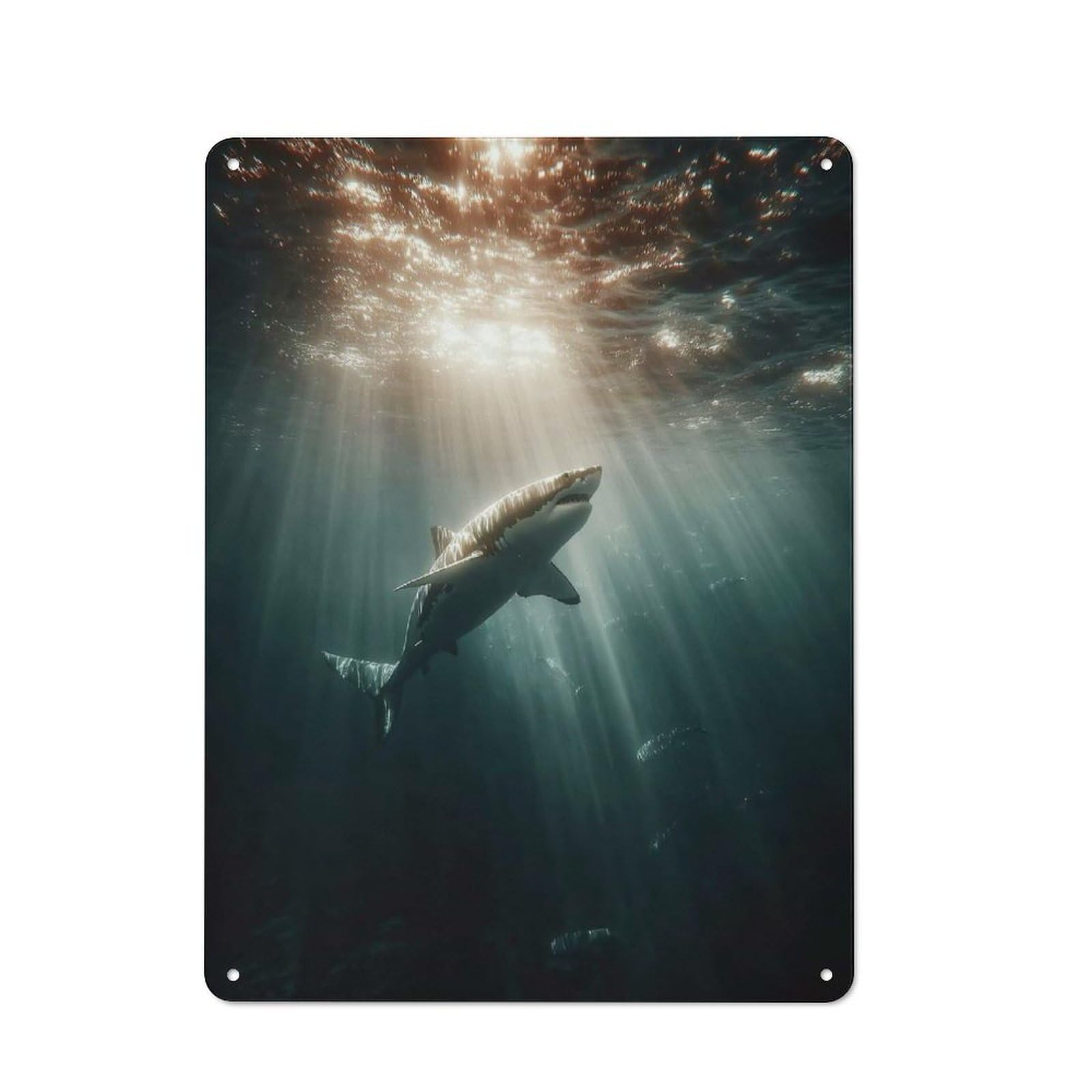 Junmoney Style-13 Great White Shark In Sunlit Ocean Depths Tin Wall Plaque 40X30cm, Barn Style Rustic Kitchen Decor For Farmhouse Kitchen, Pantry Or Dining Area