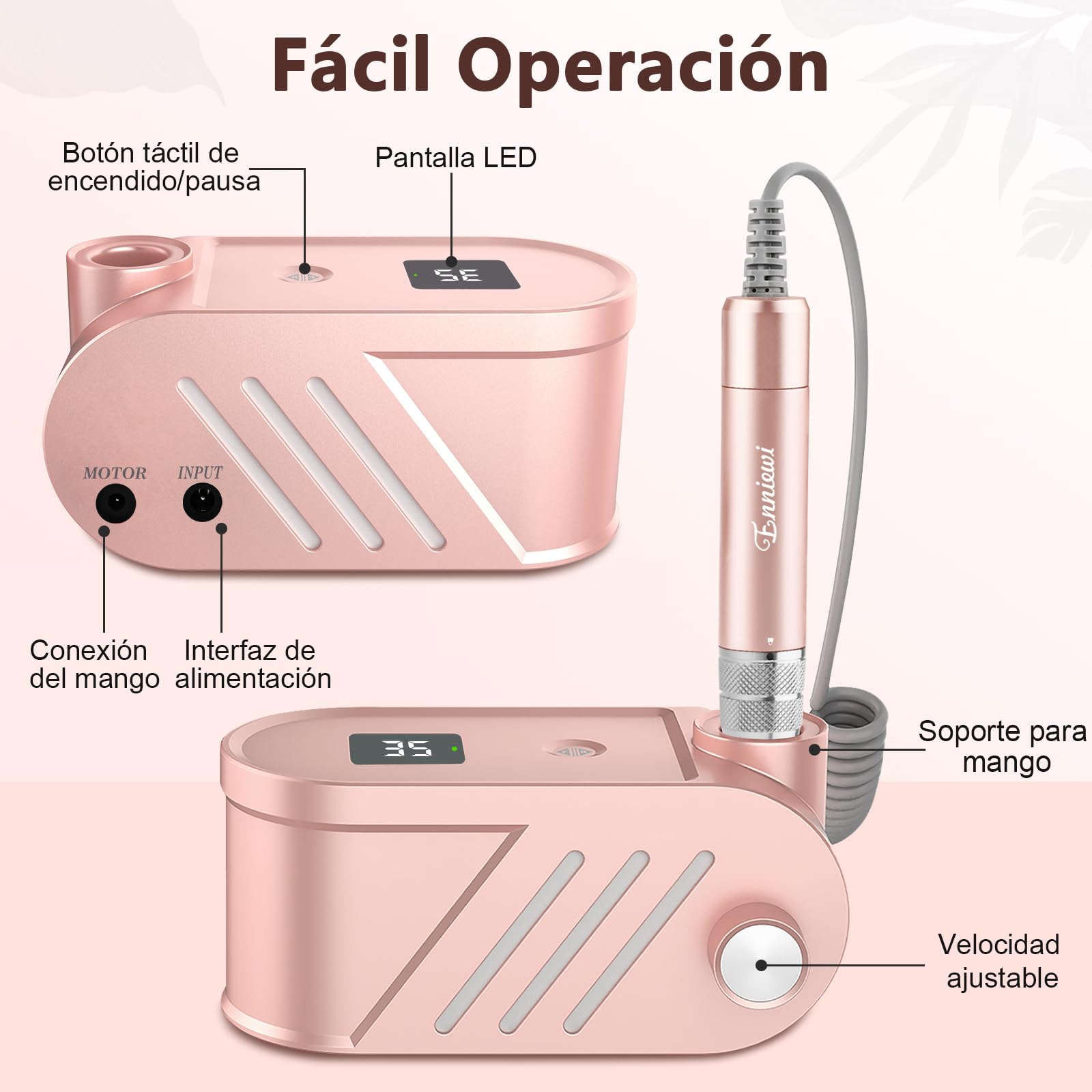 Torno para Uñas Profesional 35000 RPM, Pulidor Uñas, Lima Electrica, Nail Drill, Set Manicura y Pedicura Electrico, Kit 11 Fresas Brocas, LED Tátil, Quitar Acrílico Gel/Esmalte/Callos, Rosas
