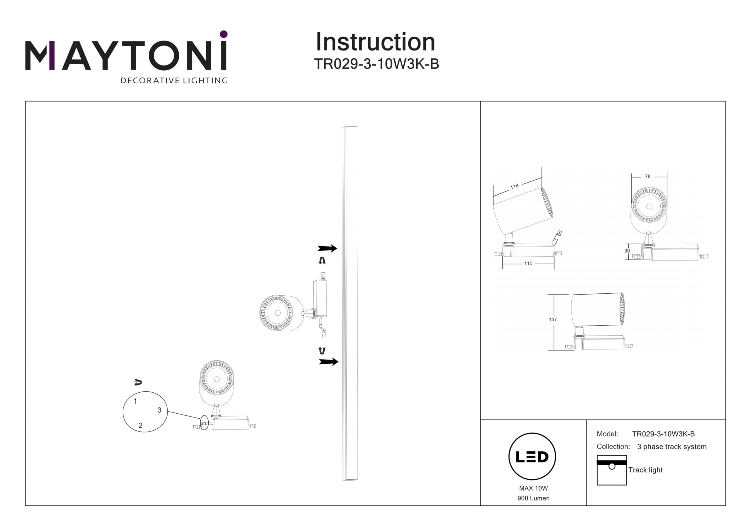 Maytoni Moderne Strahler für dreiphasiges Stromschienensystem Trinity Vuoro LED incl. Schwarz aus Aluminum und Kunststoff 10W für Küche, Schlafzimmer, Wohnzimmer