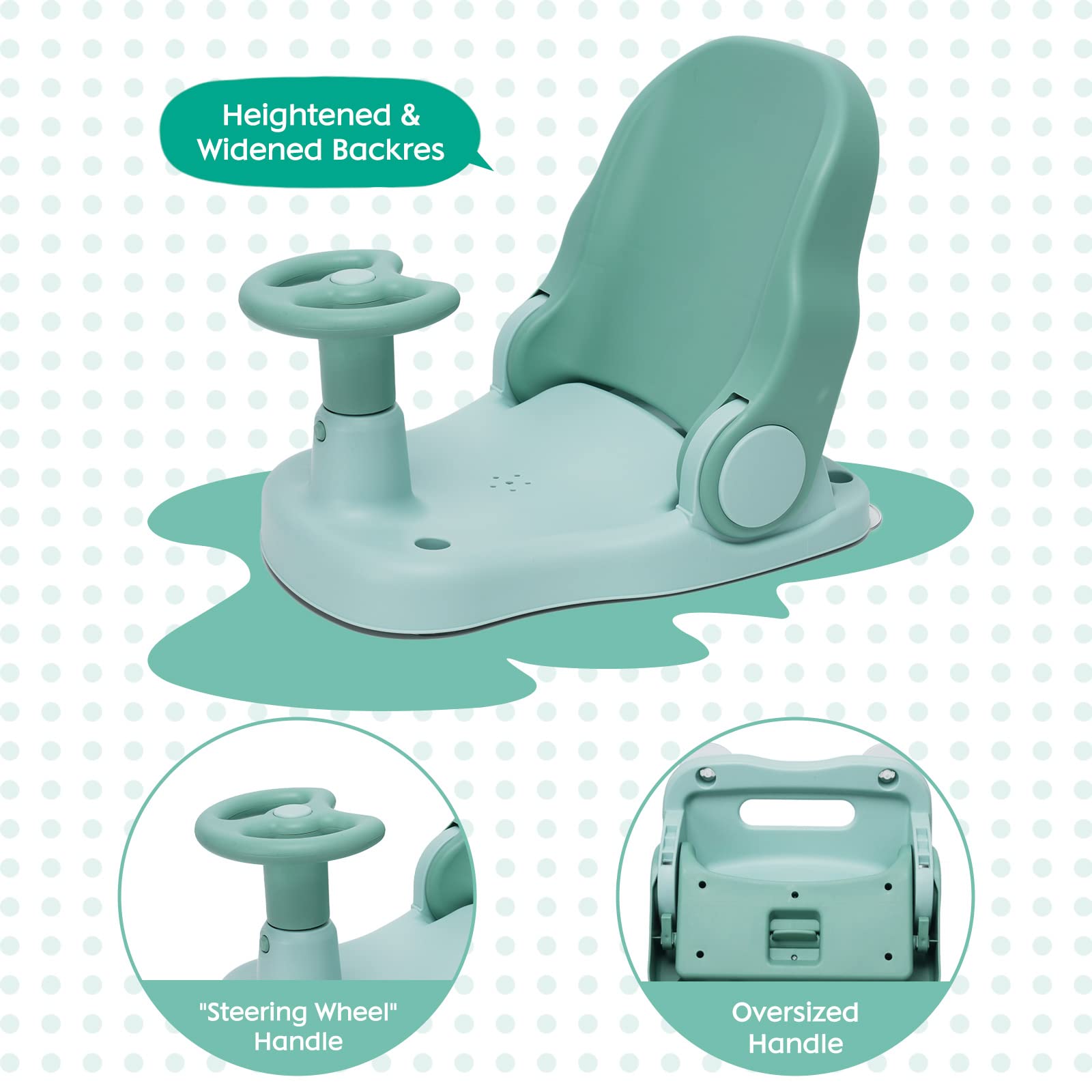 Siège de bain pour bébé avec dossier réglable - Pliable - Avec ventouse puissante - Portable - Pour bébé à partir de 6 mois - Vert