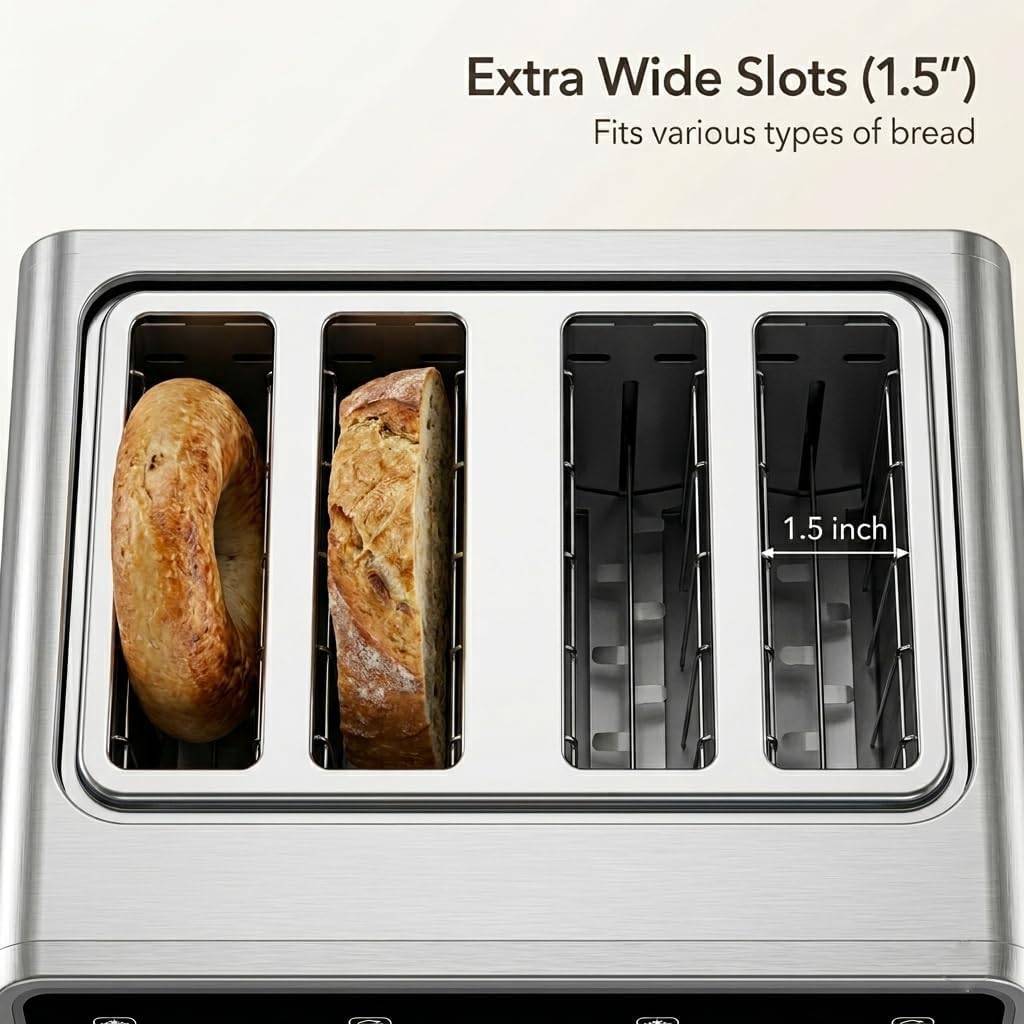 4 Slice Touch Screen Toaster with LCD Display Stainless Steel Digital Toasters 6 Bread Types& 6 Shade Settings Smart Extra Wide Slots Toaster With Bagel Cancel Defrost Reheat Functions