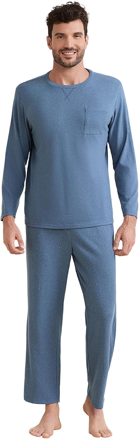 Vulcanodon Mens Pajama Sets, Soft Lounge Pajama for Men Warm Long Sleeve Sleepwear with Pockets