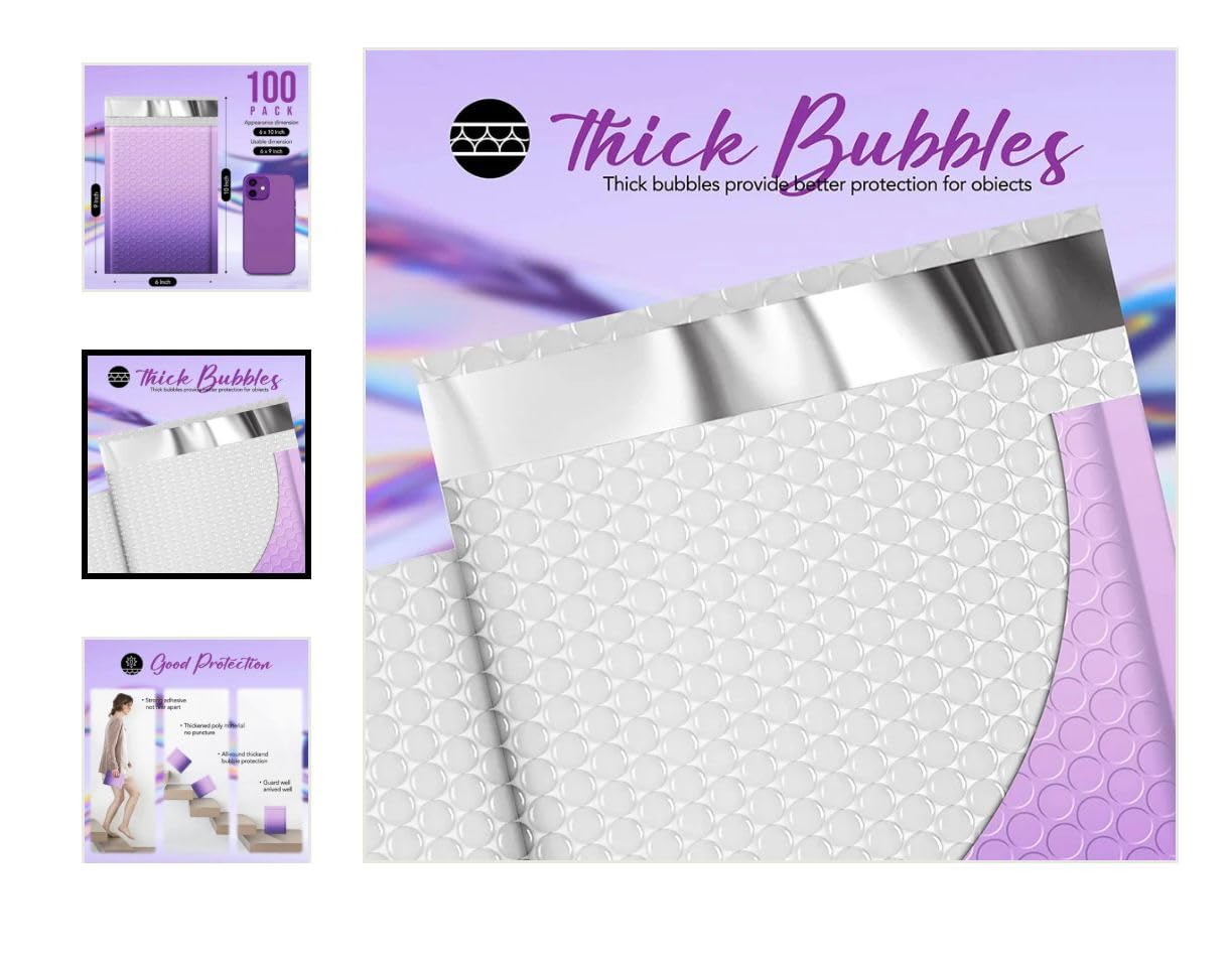 Thick Bubbles 100 Pack Lavender Bubble Mailers, 6 x 9 inches