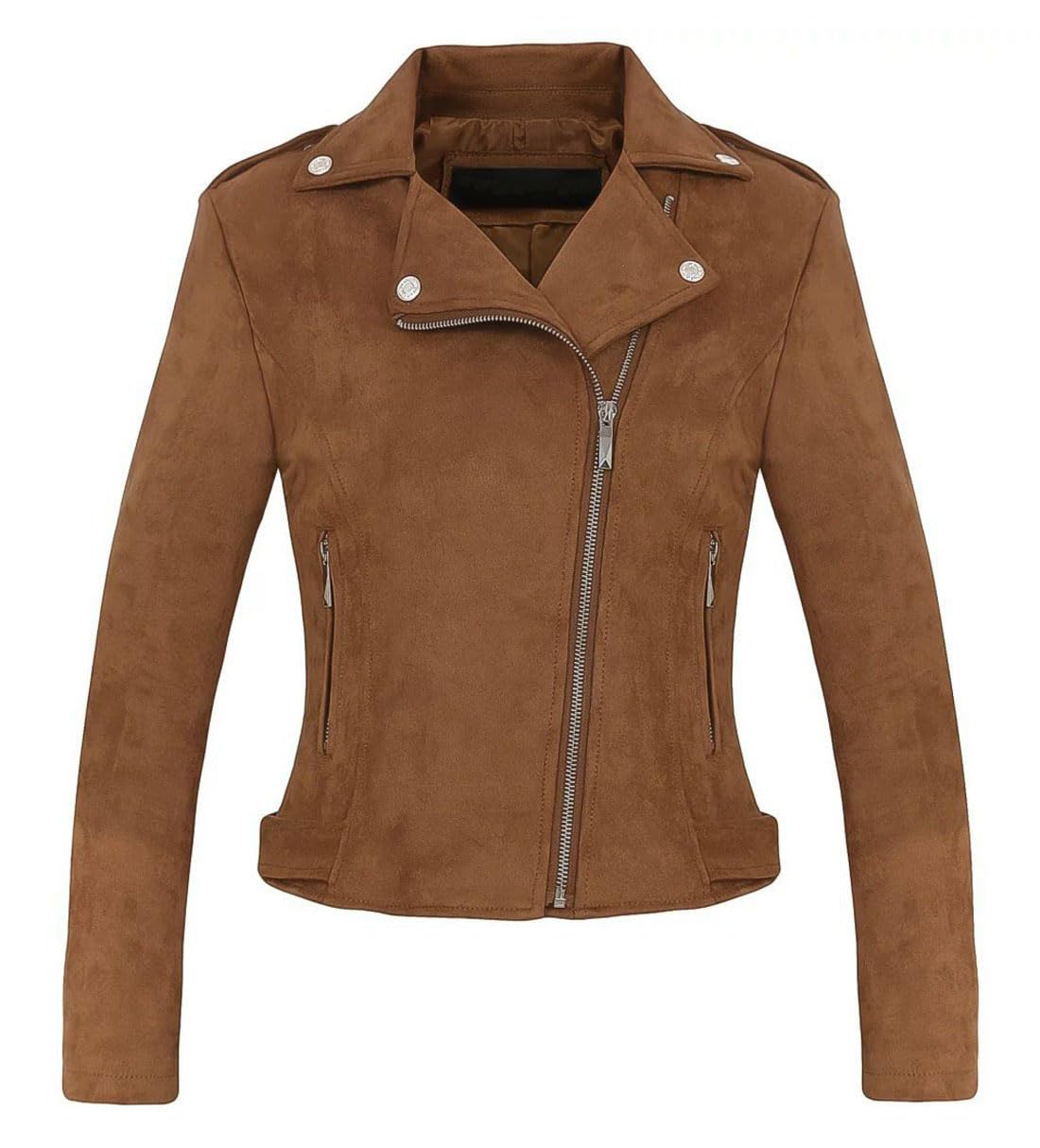 Women's Stylish Notched Collar Oblique Zip Suede Leather Moto Jacket