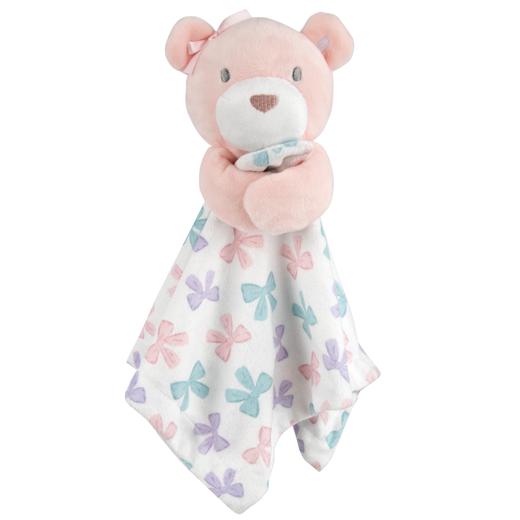 Baby Essentials Minky Animal Snuggler Lovey Blanket for Kids, Babies, Girls Security Blanket with Stuffed Animal (Pastel Bows Bear)