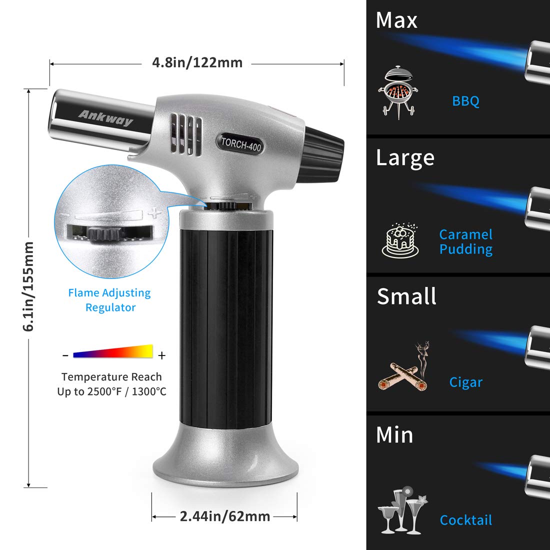 Ankway Flambierbrenner Bunsenbrenner Blowtorch mit Sicherheitsschloss, Einstellbarer und Nachfüllbarer Küchenbrenner für Hausgemachte Creme Brulee, Dessert, Camping, Grillen (Butane Not Included)