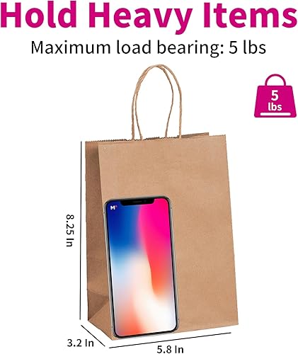 Miniatura 2 de Paquete de 100 bolsas de regalo de papel kraft marrón de 5.8 x 3.2 x 8.25 pulgadas con asas, bolsas naturales pequeñas y lisas a granel para