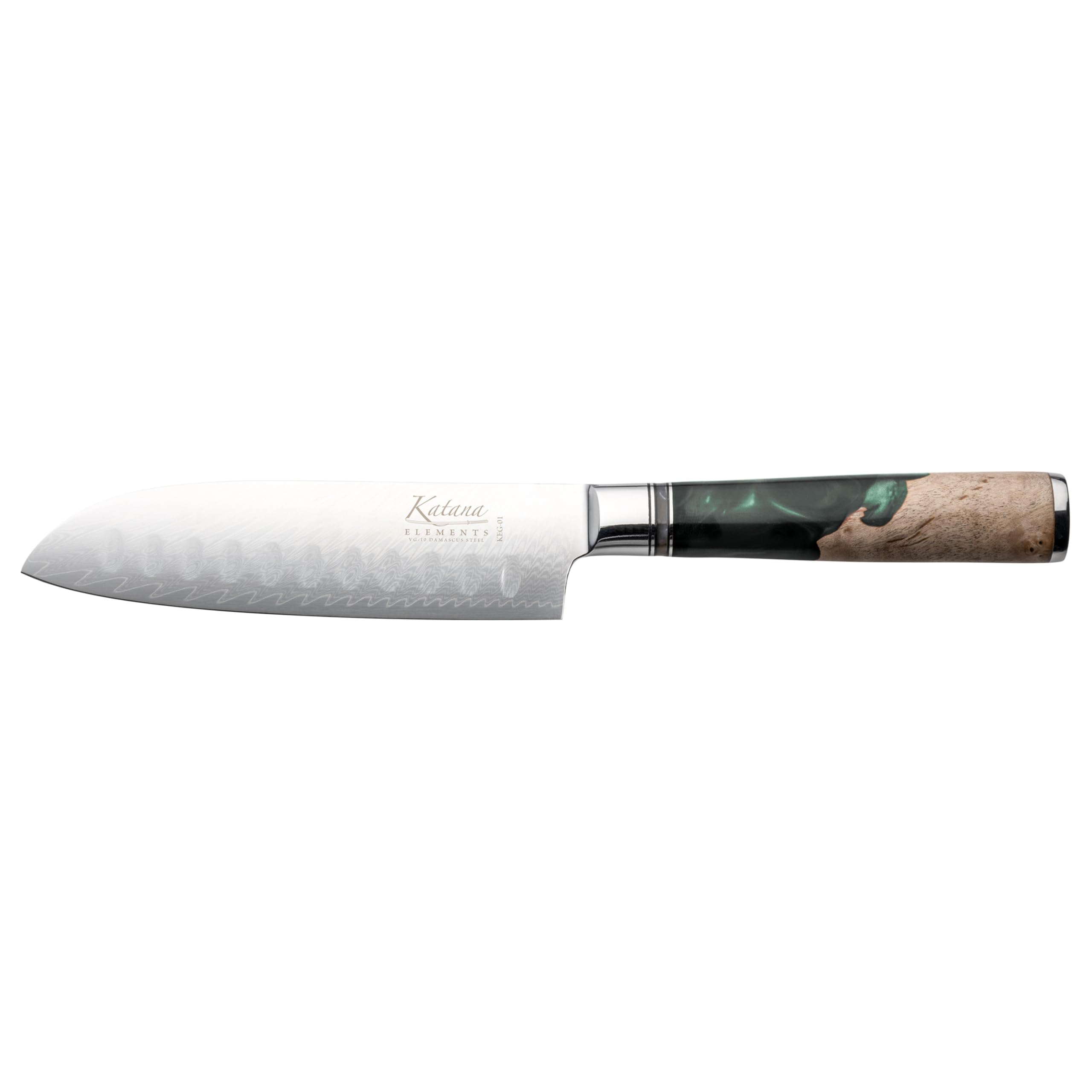 Katana Saya Rainforest Green Elements 12Cm Santoku Knife, Japanese 67-Layer Vg-10 Damascus Stainless Steel, Natural Olivewood And Resin Handle, Kitchen Knife