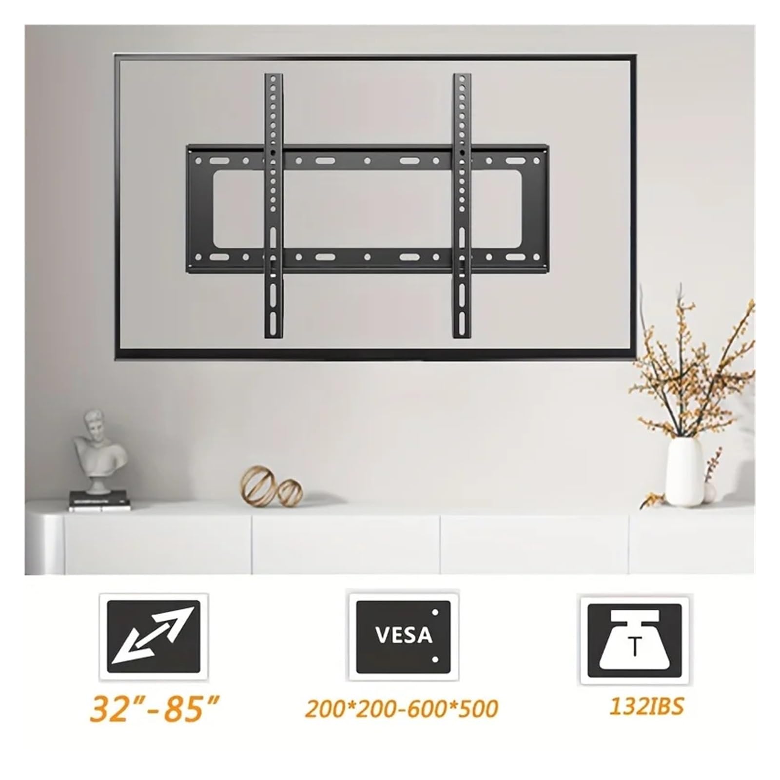 Staffa universale per TV a basso profilo per montaggio a parete fissa, compatibile con la maggior parte dei televisori piatti/curvi da 30"-80" con VESA max 600 x 500 mm fino a 70 kg (nero 14-42")