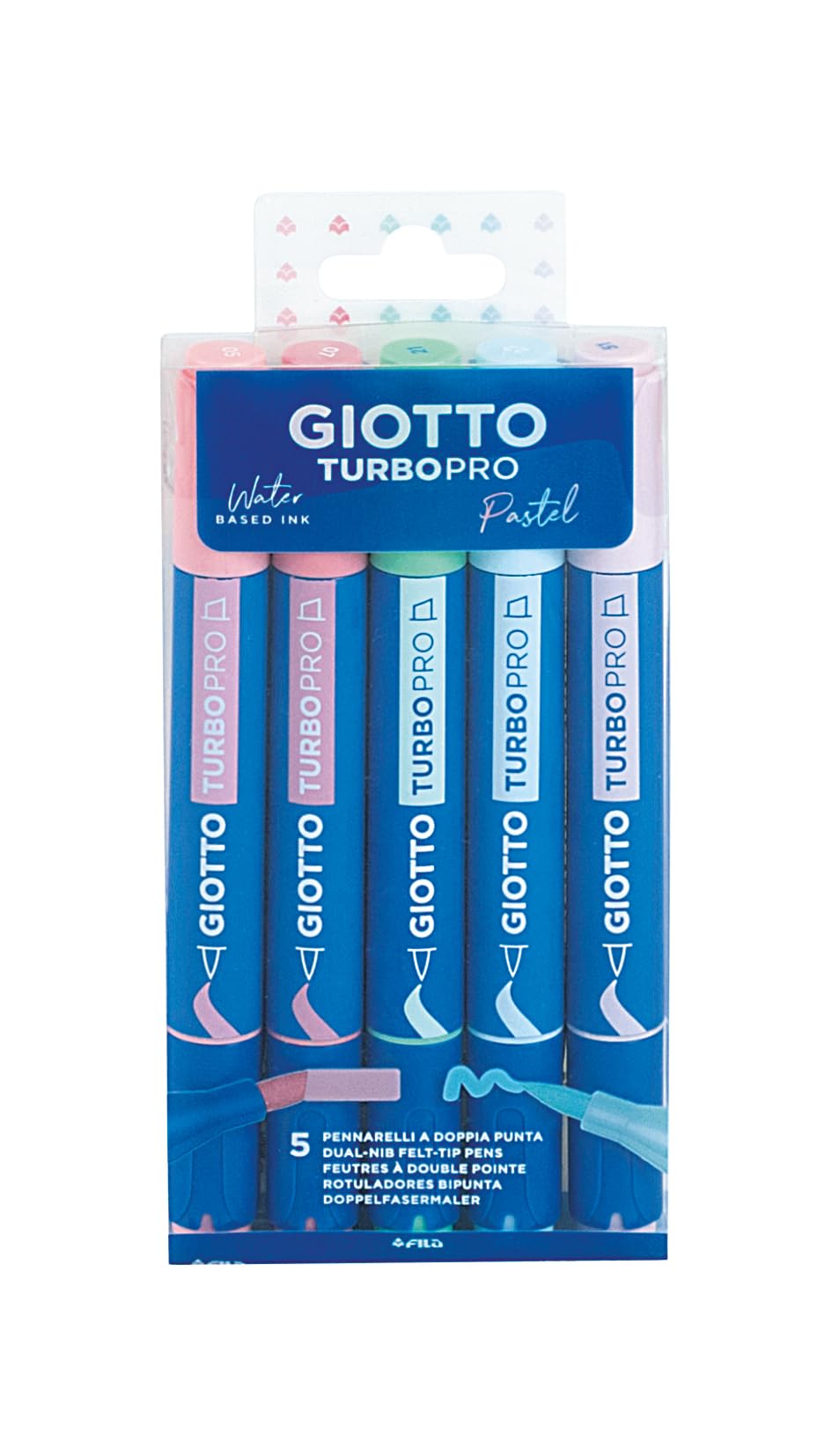GIOTTO Turbo Pro Felt Tip Fibre Pens, Dual Tip, Assorted Candy Colours, 5 Pieces, For Children, Parties and Schools