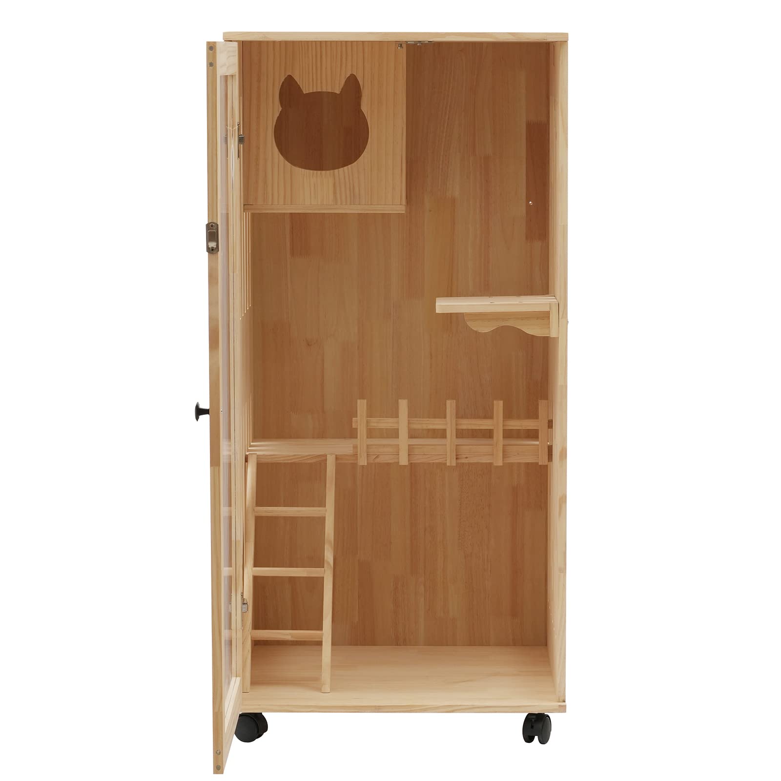 Wooden Cat House for Indoor and Outdoor Cats, Luxury Multi-Feature Cat Condo with Scratching Posts, Wheels, Catio Cat Enclosure for Cats and Breeds