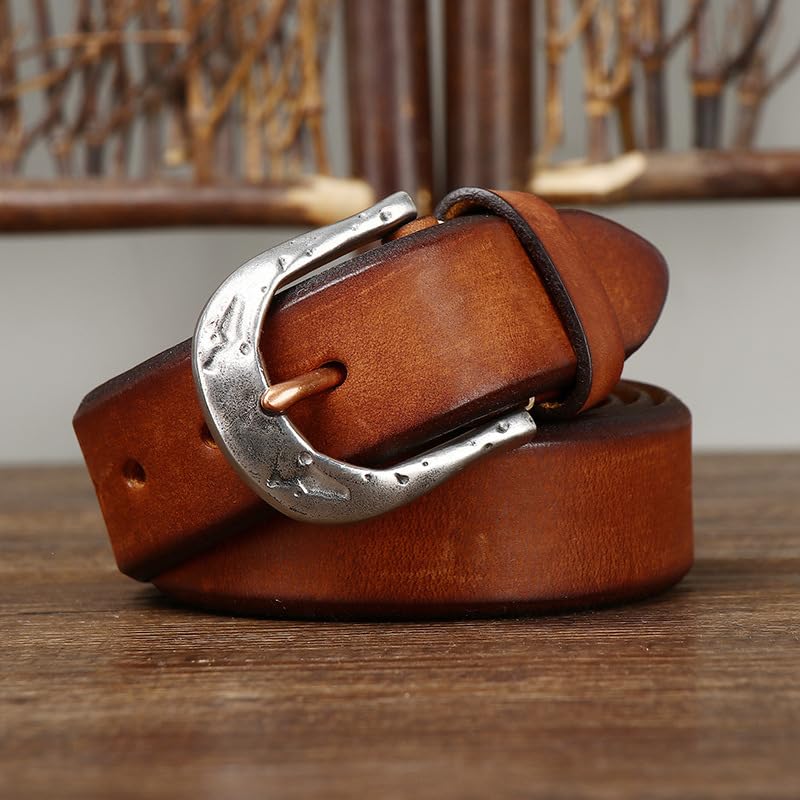 Handmade Cowhide Vintage Men's Women's Belt - 5mm Thick Genuine Leather Waist Strap with Stainless Steel Engraved Buckle(100cm/39, Brown)3