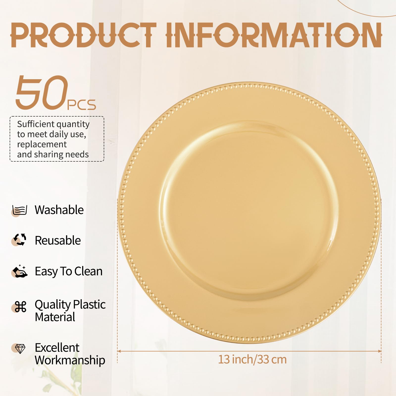 50 Pcs Gold Charger Plates Bulk,13 inch Round Beaded Plate Chargers for Dinner Plates, Decorative Dinner Chargers Plastic Table Chargers for Wedding Holiday Party Baby Shower Event Decoration