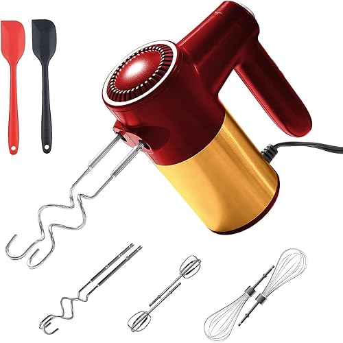 Batidora de mano eléctrica de 9 velocidades, potente batidora de mano eléctrica roja y dorada de 400 W, batidora de mano para hornear pasteles,