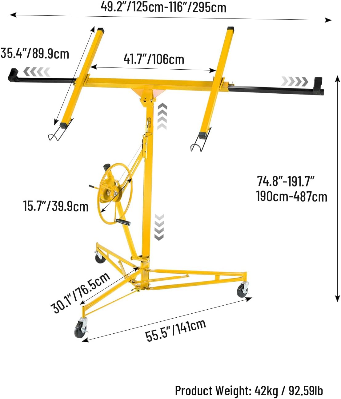 Drywall Lift Jack, 150LB Capacity Drywall Hoist with Wheels, 6.2FT-16FT Adjustable Height, 60° Tilt & 360° Rotation, Heavy Duty Sheetrock Lifter for Ceiling and Wall Installation by 1 Person